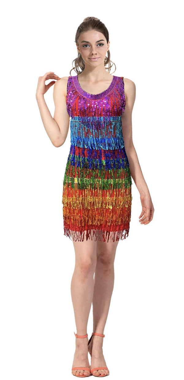 LADIES RAINBOW SEQUIN FRINGE DRESS